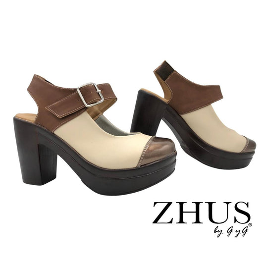 Zapato beige y café, tacón mediano