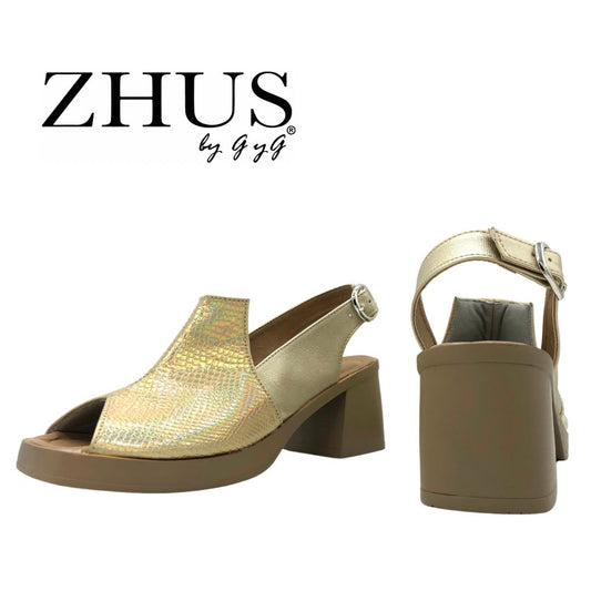 Sandalia dorada mermaid tacón cuadrado