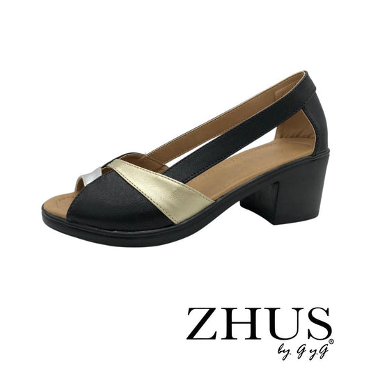 Sandalia asimétrica negra con dorado y plata