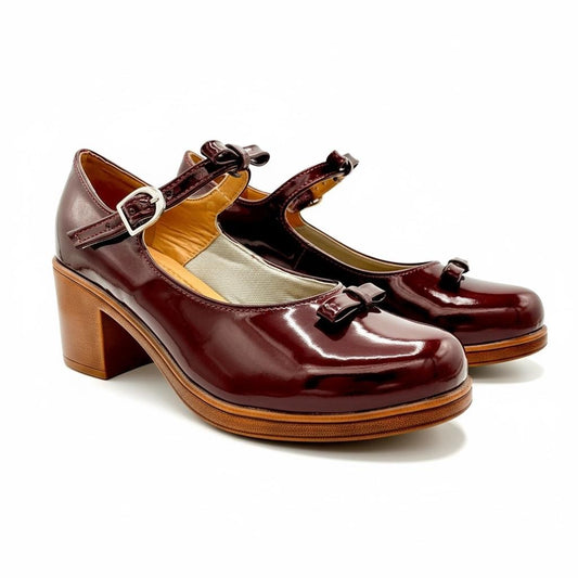ZHUS Mary Jane Vino | Zapato Charol con Moño y Tacón | Cuero Vegano