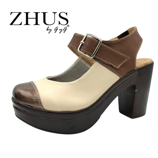 Zapato beige y café, tacón mediano