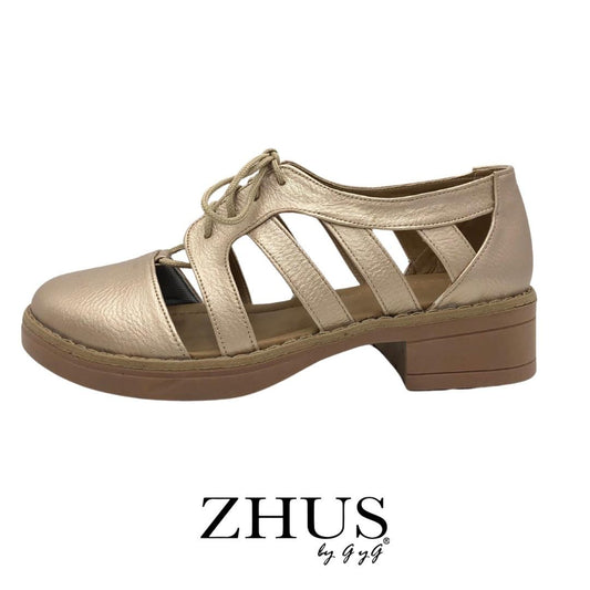 Zapatillas oro rosa, tacón bajito