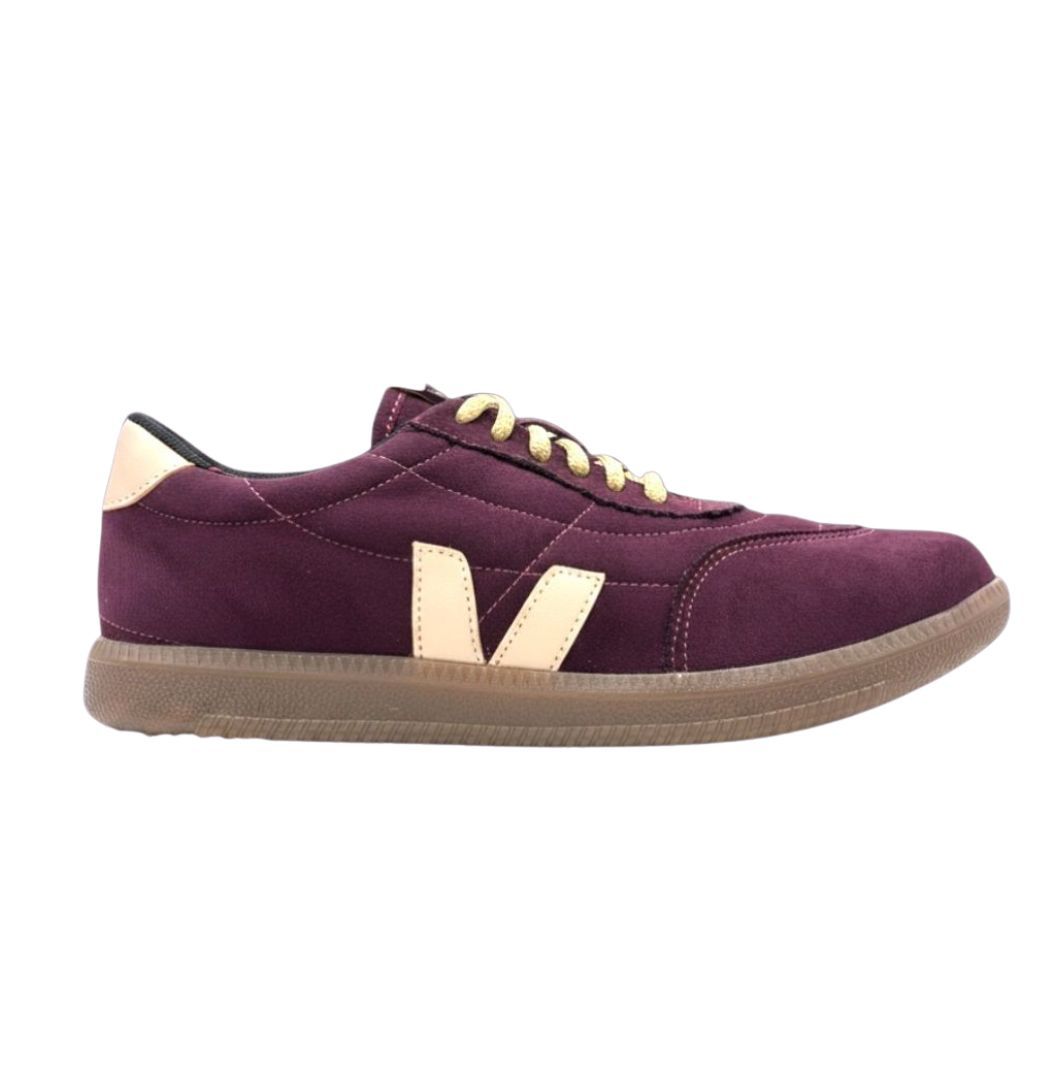 ZHUS Tenis Vino con Logo V | Zapatilla Estilo Veja Hecha a Mano | Cuero Vegano