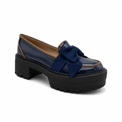 ZHUS Mocasín Azul Marino Charol | Zapato con Moñito y Plataforma | Cuero Vegano