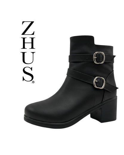 Botín Mujer con Hebillas Dobles y Tacón – Negro | ZHUS