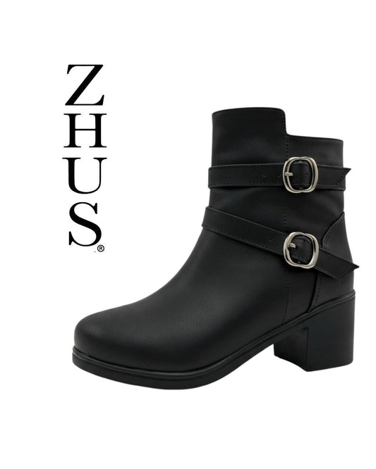 Botín Mujer con Hebillas Dobles y Tacón – Negro | ZHUS