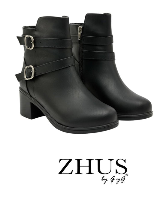 Botín Mujer con Hebillas Dobles y Tacón – Negro | ZHUS