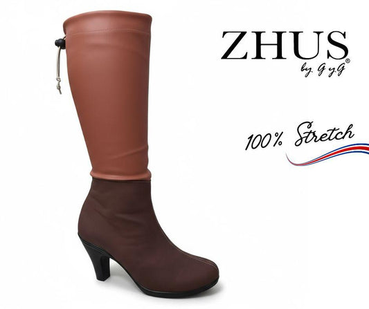 Bota Larga Mujer Bicolor Stretch con Tacón – Café | ZHUS