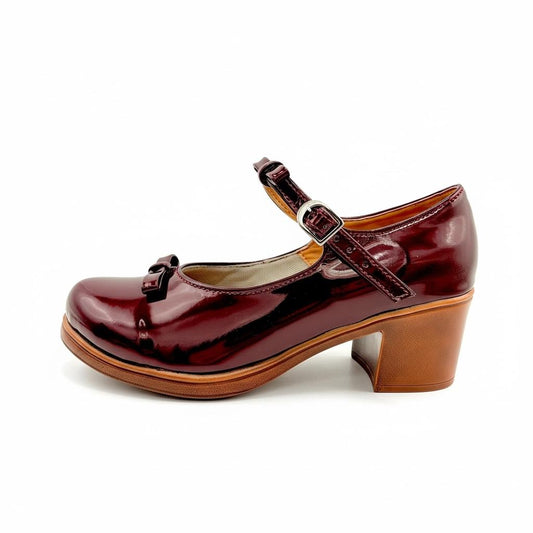 ZHUS Mary Jane Vino | Zapato Charol con Moño y Tacón | Cuero Vegano