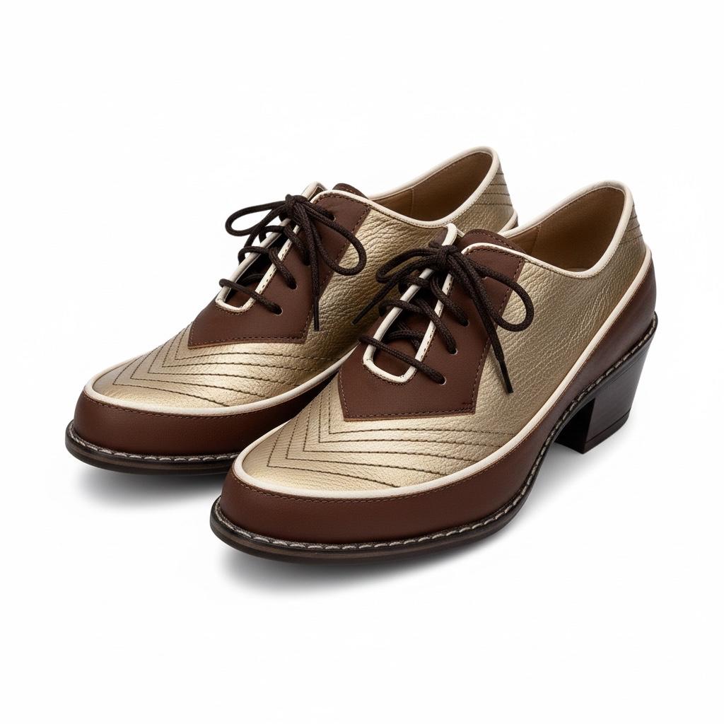 ZHUS Oxford Café Dorado | Zapato con Cordones y Tacón | Cuero Vegano