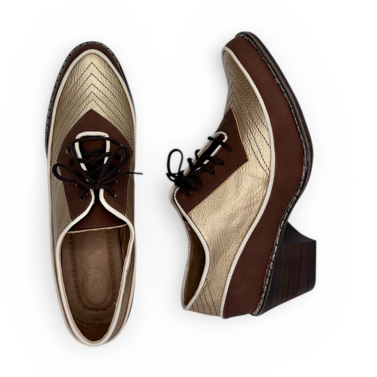 ZHUS Oxford Café Dorado | Zapato con Cordones y Tacón | Cuero Vegano