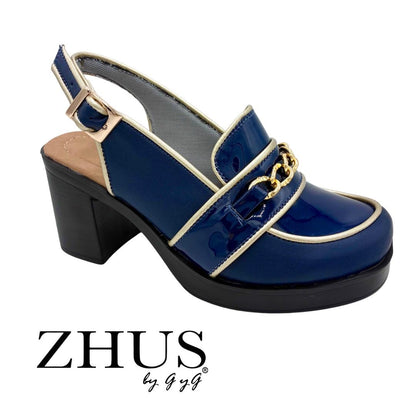 ZHUS Mocasín Azul Marino | Zapato Destalonado con Cadena Dorada y Tacón | Cuero Vegano