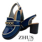 ZHUS Mocasín Azul Marino | Zapato Destalonado con Cadena Dorada y Tacón | Cuero Vegano