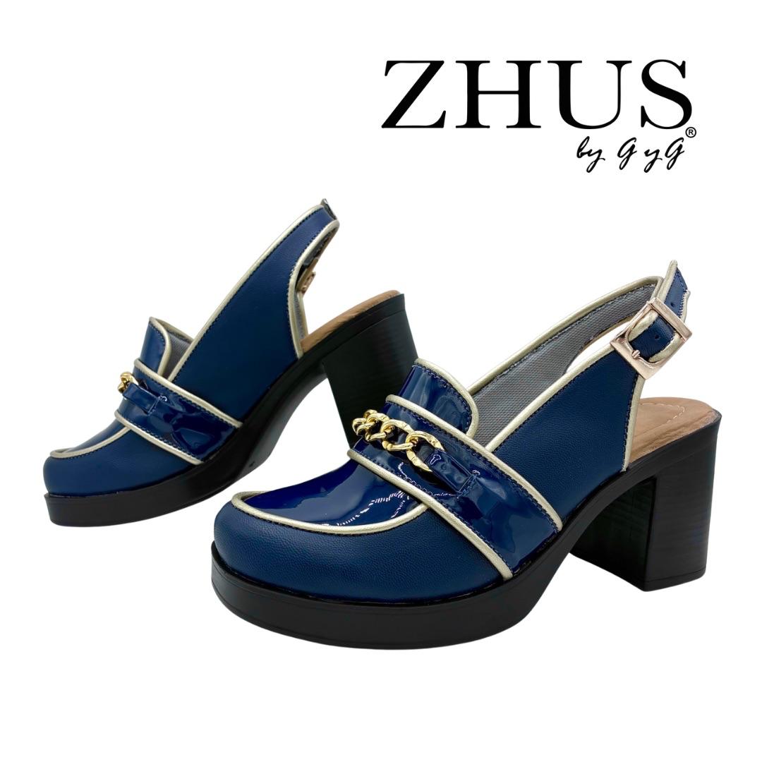 ZHUS Mocasín Azul Marino | Zapato Destalonado con Cadena Dorada y Tacón | Cuero Vegano