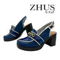 ZHUS Mocasín Azul Marino | Zapato Destalonado con Cadena Dorada y Tacón | Cuero Vegano