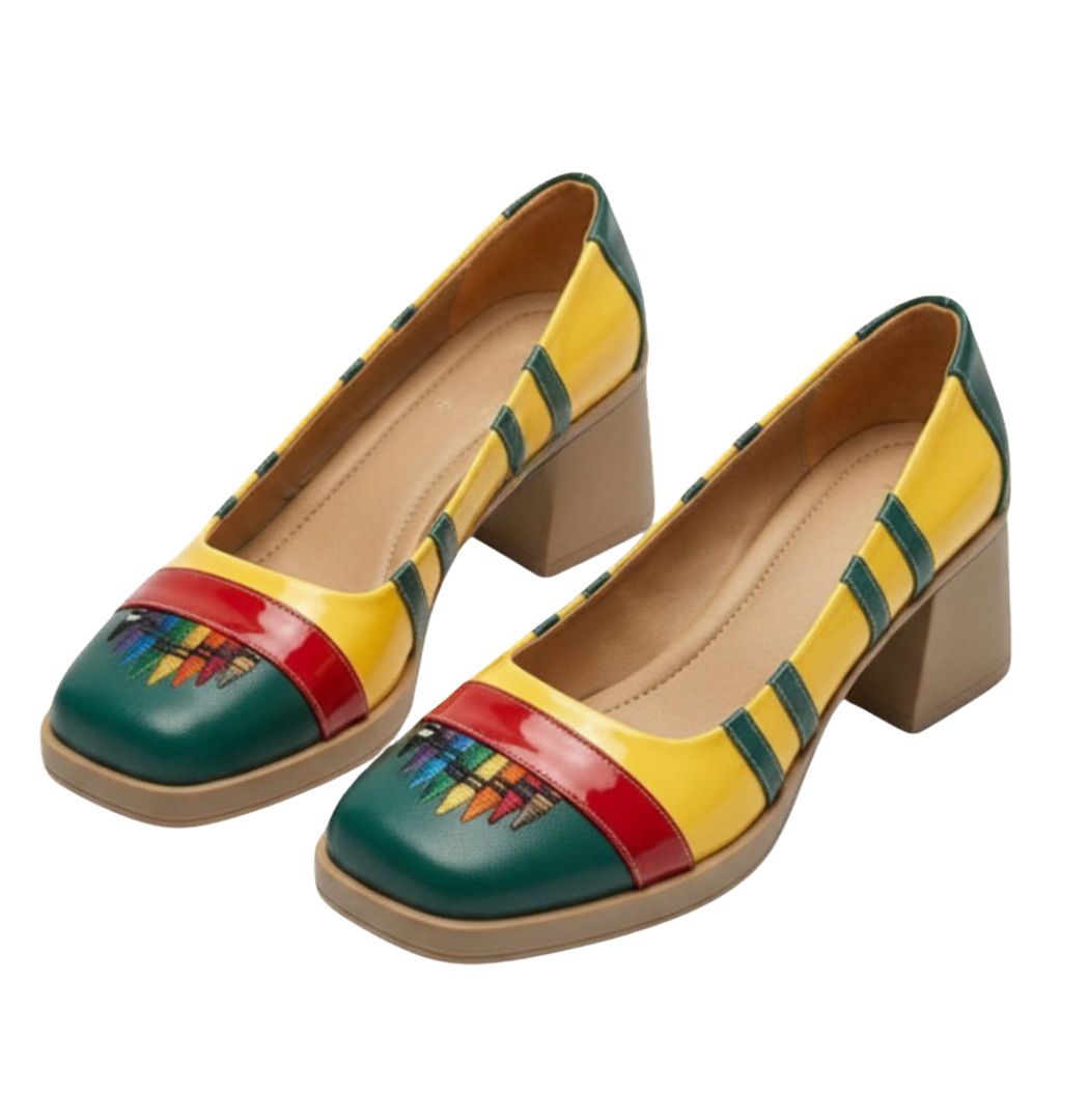 ZHUS Zapato Crayola | Tacón Cuadrado Multicolor con Bordado | Cuero Vegano