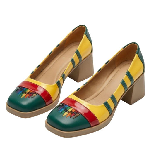 ZHUS Zapato Crayola | Tacón Cuadrado Multicolor con Bordado | Cuero Vegano
