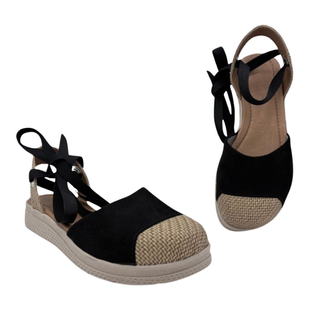 ZHUS Alpargata Negra con Lazo | Sandalia Espadrille con Punta de Yute | Cuero Vegano