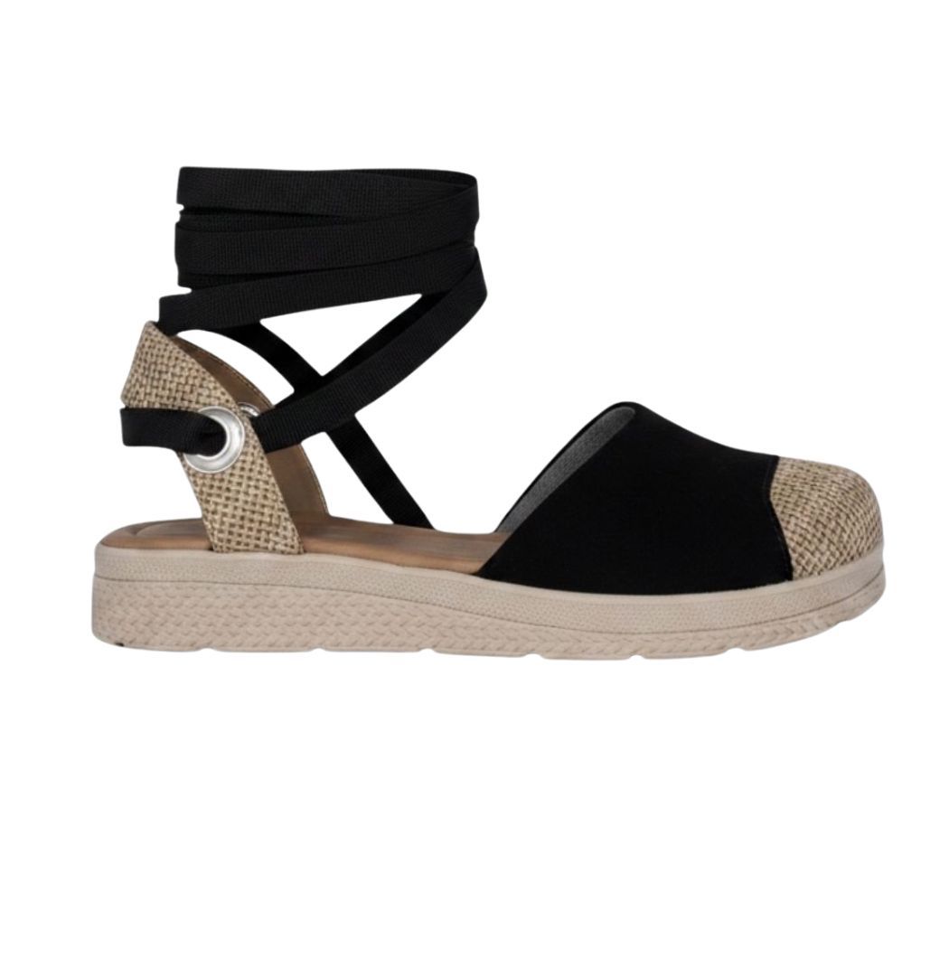 ZHUS Alpargata Negra con Lazo | Sandalia Espadrille con Punta de Yute | Cuero Vegano