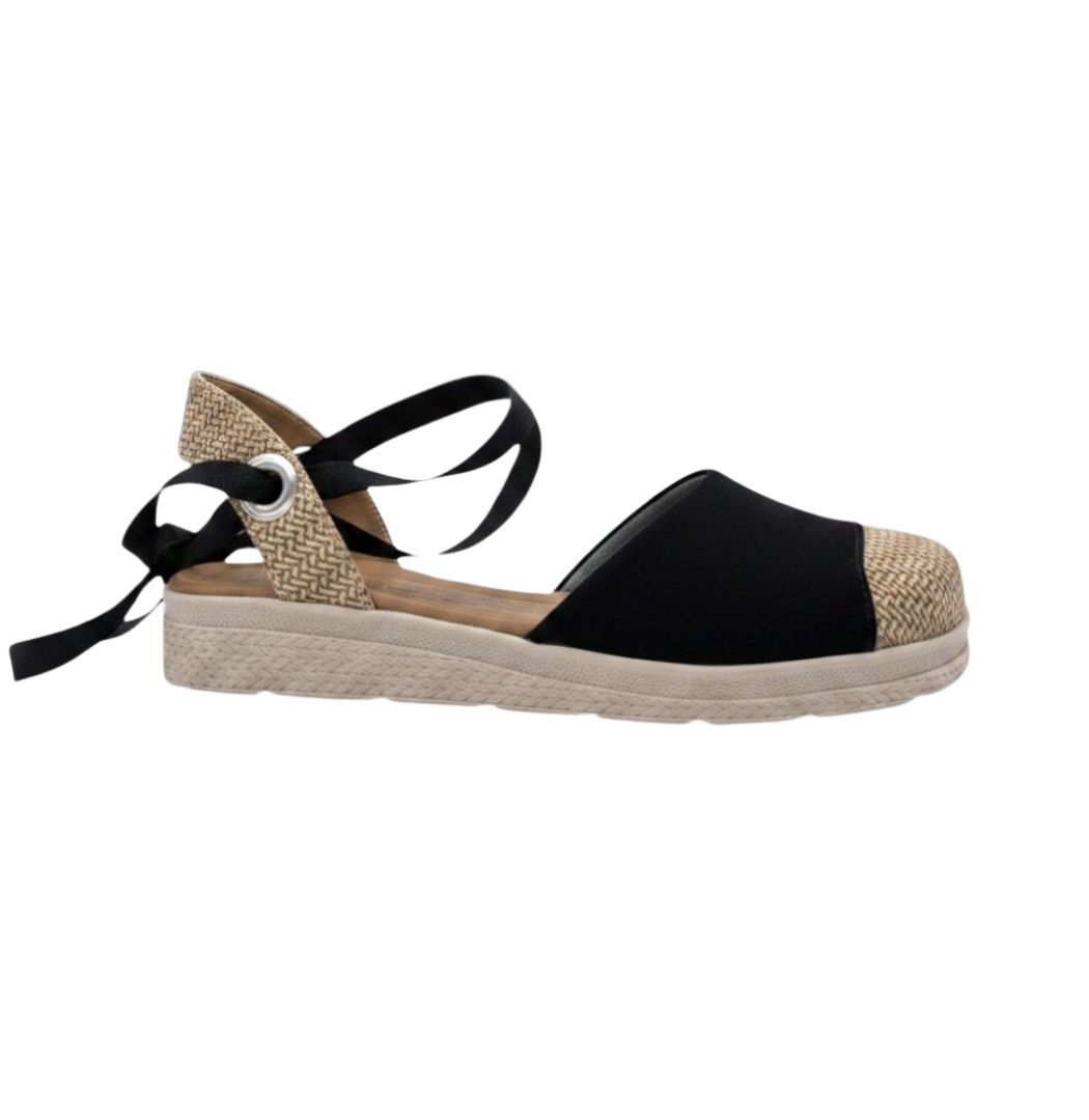 ZHUS Alpargata Negra con Lazo | Sandalia Espadrille con Punta de Yute | Cuero Vegano