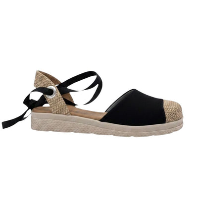 ZHUS Alpargata Negra con Lazo | Sandalia Espadrille con Punta de Yute | Cuero Vegano