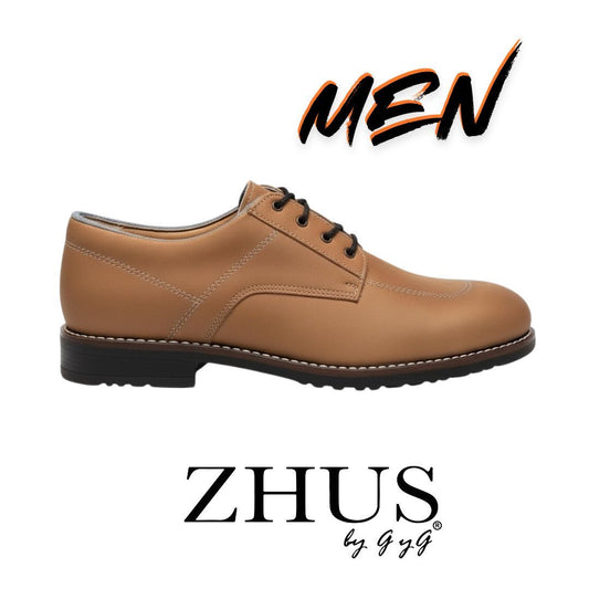 ZHUS Oxford Camel para Hombre | Zapato de Vestir con Cordones y Costura Blanca | Cuero Vegano