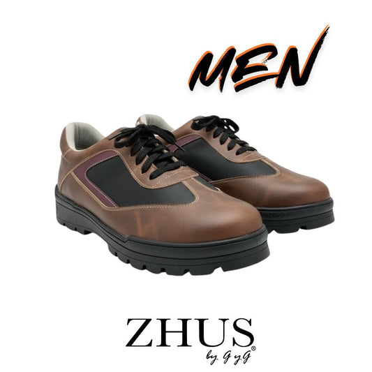 ZHUS Zapato Casual para Hombre | Café con Detalles Negro y Vino | Suela Tractor | Cuero Vegano